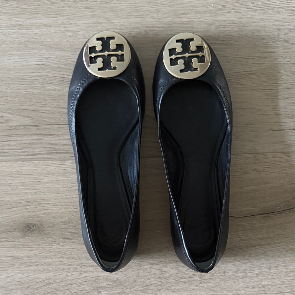 Tory Burch Black Reva Ballet Flats Gold Logo size 9.5